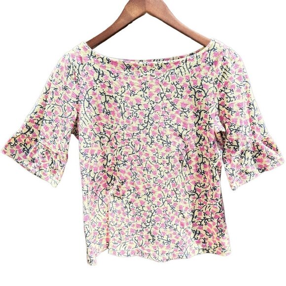 Lilly Pulitzer Ziva Stretch Top Bell Half Sleeve Pink Yellow and Black Floral  L - Picture 1 of 8